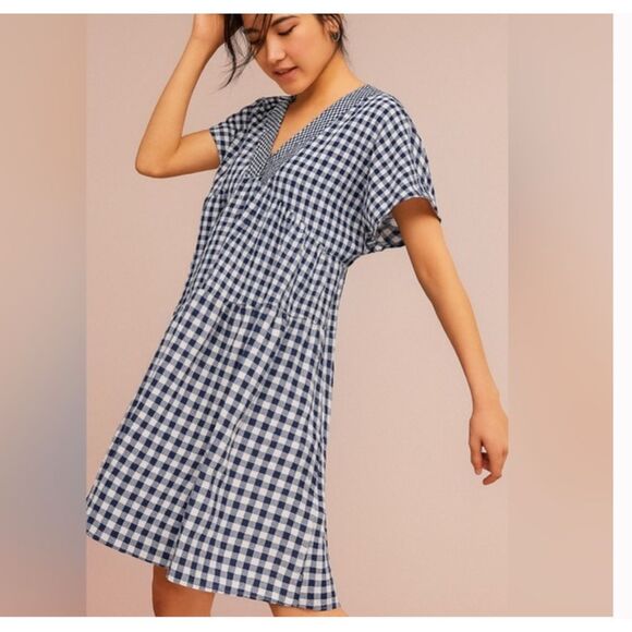 Anthropologie $138 11.1 tylho navy & white gingham tunic dress large NWT - Picture 1 of 4